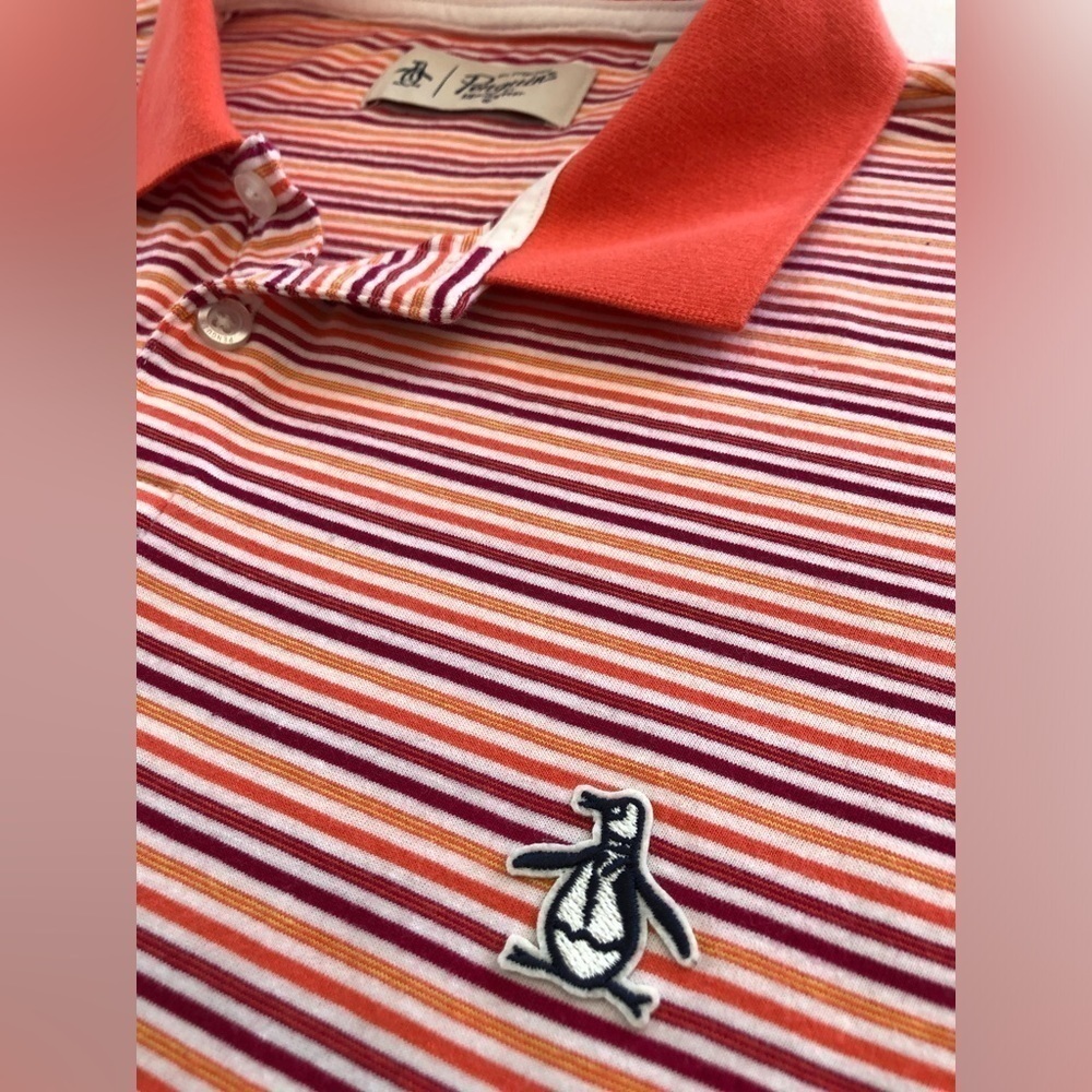 Vintage Original Penguin Cotton Polo Shirt AUTO STRIPE POLO. Oversized Penguin!